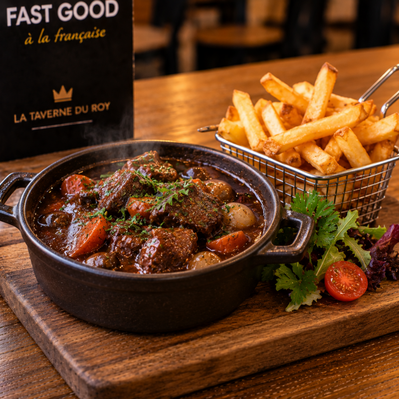 Cassolette de bœuf bourguignon façon mère-grand & frites fraîches