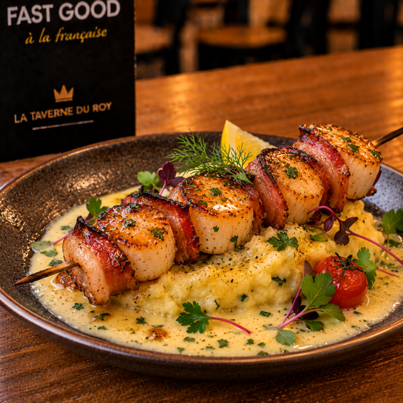 Brochette de Saint-Jacques & lard fumé, rôti sur beurre blanc & écrasé de pommes de terre