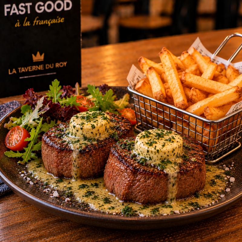 Double tournedos de filet de bœuf, beurre maître  d’hôtel & frites fraîches