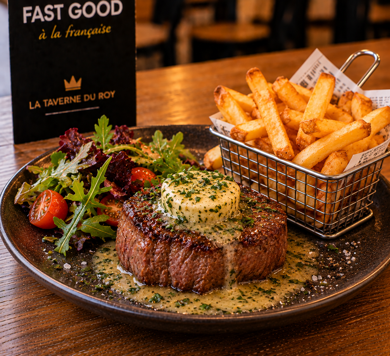 Tournedos de filet de bœuf français, beurre maître
d’hôtel & frites fraîches